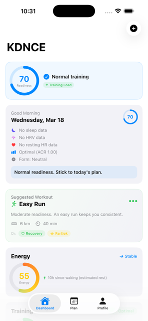 KDNCE iPhone app showing dashboard with readiness score, suggested workout, and energy level