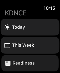 KDNCE Apple Watch home screen showing Today, This Week, and Readiness