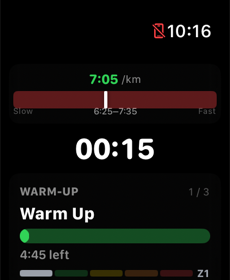 Apple Watch live pace coaching with real-time pace bar and warm-up timer