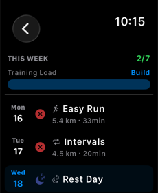 Apple Watch weekly training plan showing workout schedule and training load