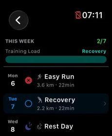 Apple Watch weekly training plan showing workout schedule and training load